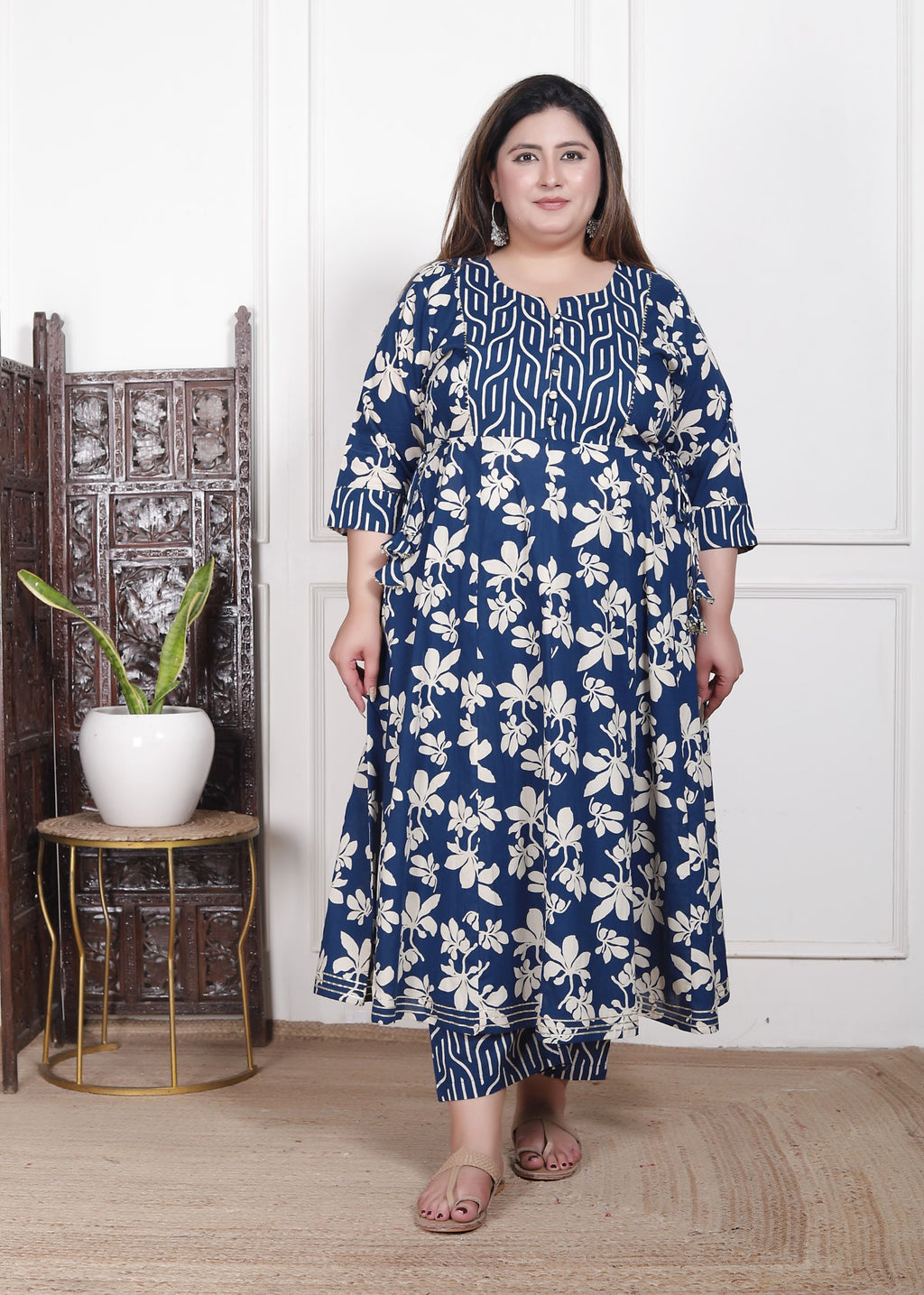 Plus Size Blue Anarkali Cotton Printed Flared Kurta Pant Set with Dupatta-210015