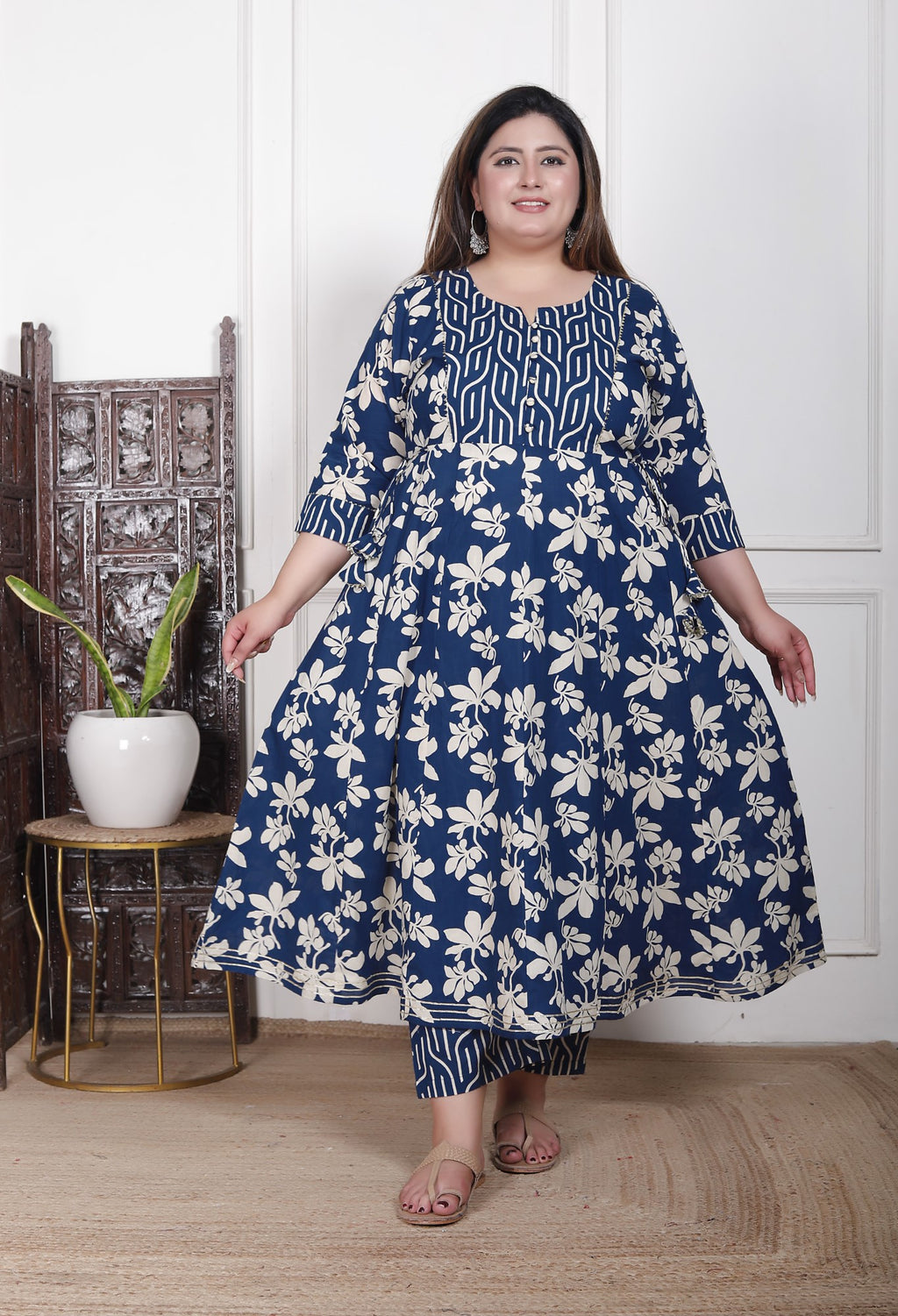 Plus Size Blue Anarkali Cotton Printed Flared Kurta Pant Set with Dupatta-210015