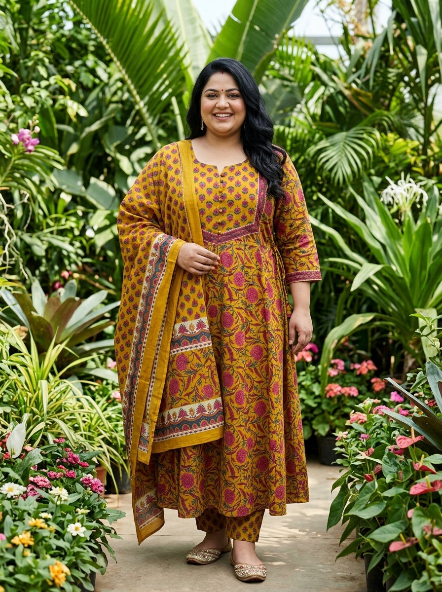 Plus Size Yellow Anarkali Cotton Printed Flared Kurta Pant Set with Dupatta-210016 Main image