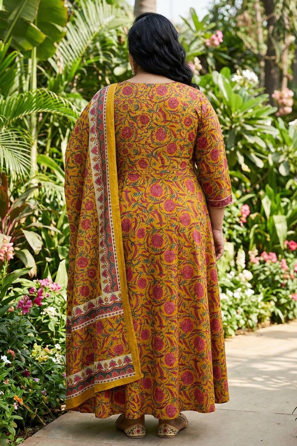 Plus Size Yellow Anarkali Cotton Printed Flared Kurta Pant Set with Dupatta-210016 Secondary image