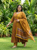 Plus Size Yellow Anarkali Cotton Printed Flared Kurta Pant Set with Dupatta-210016