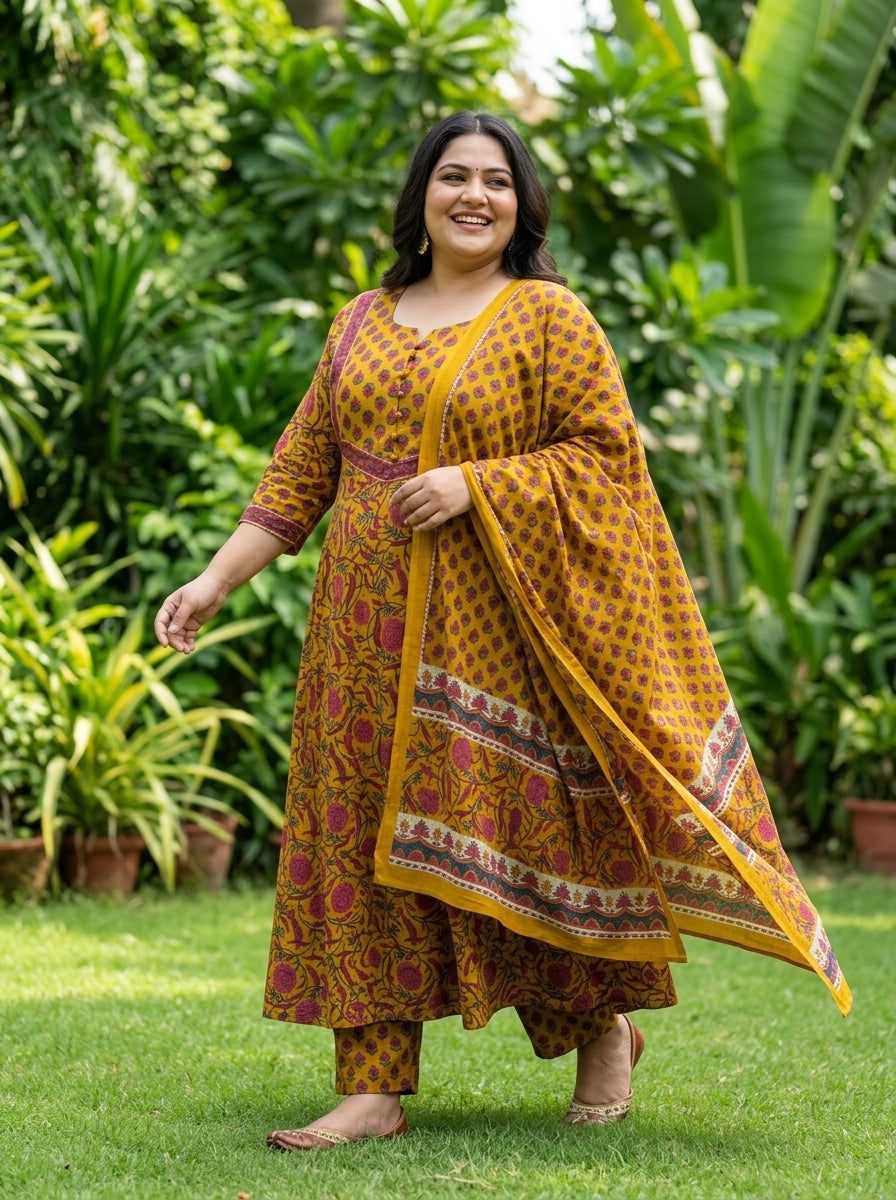Plus Size Yellow Anarkali Cotton Printed Flared Kurta Pant Set with Dupatta-210016