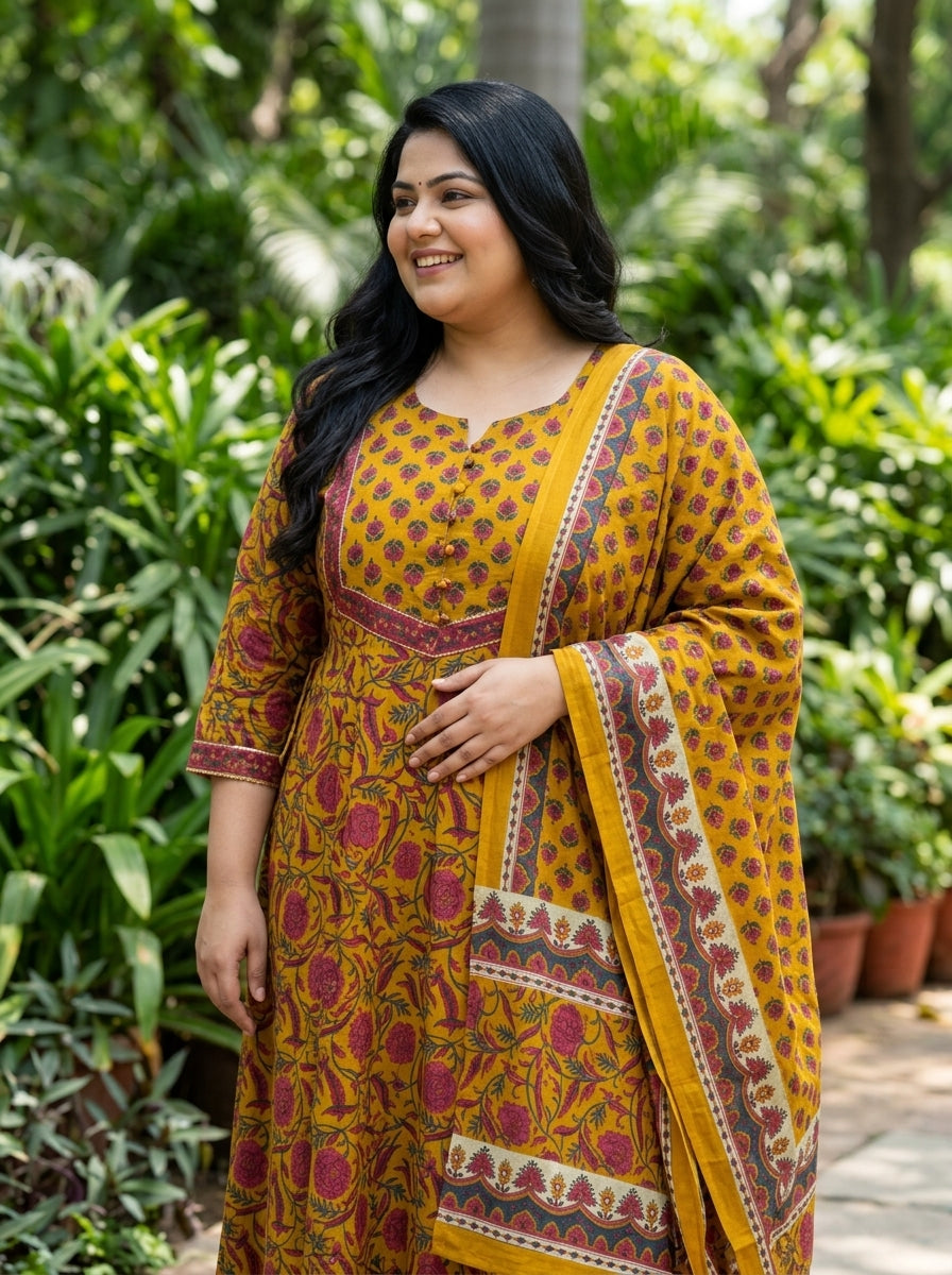 Plus Size Yellow Anarkali Cotton Printed Flared Kurta Pant Set with Dupatta-210016