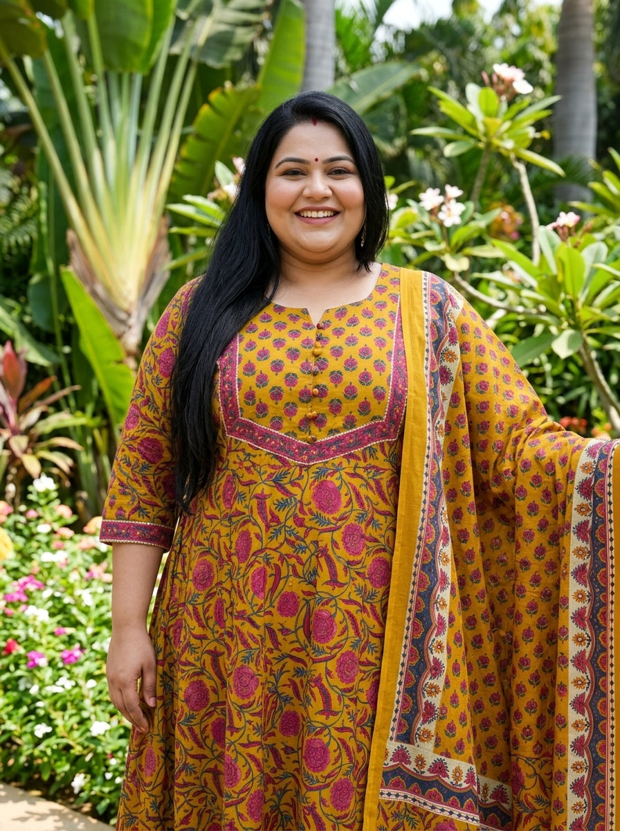 Plus Size Yellow Anarkali Cotton Printed Flared Kurta Pant Set with Dupatta-210016