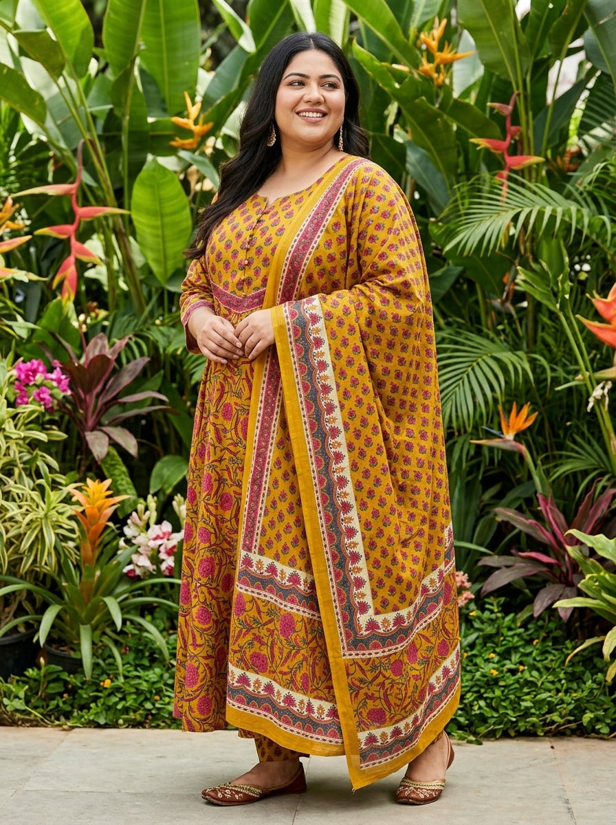 Plus Size Yellow Anarkali Cotton Printed Flared Kurta Pant Set with Dupatta-210016