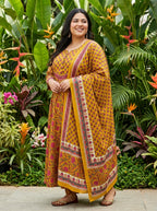 Plus Size Yellow Anarkali Cotton Printed Flared Kurta Pant Set with Dupatta-210016
