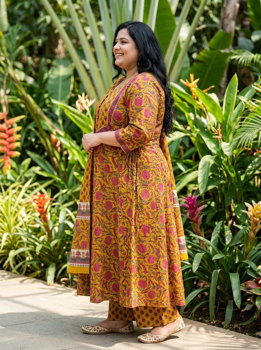 Plus Size Yellow Anarkali Cotton Printed Flared Kurta Pant Set with Dupatta-210016