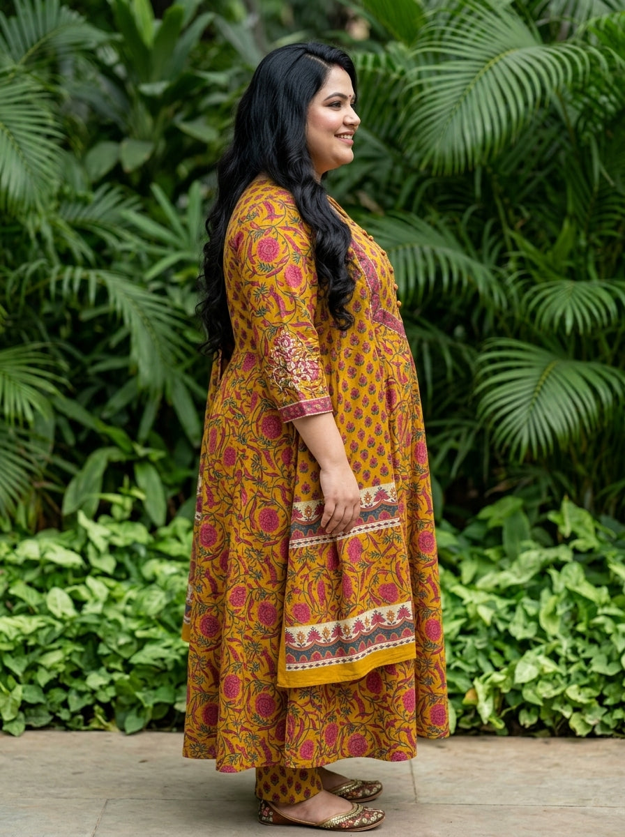 Plus Size Yellow Anarkali Cotton Printed Flared Kurta Pant Set with Dupatta-210016
