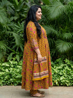 Plus Size Yellow Anarkali Cotton Printed Flared Kurta Pant Set with Dupatta-210016