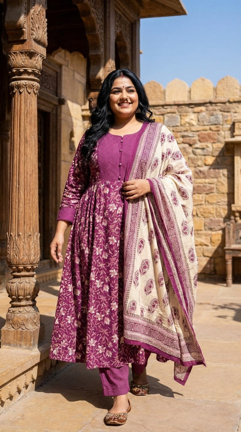 Plus Size Purple Anarkali Cotton Printed Flared Kurta Pant Set with Dupatta-210017 Main image