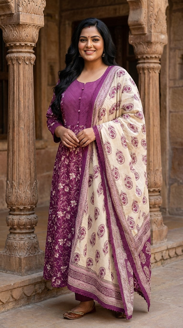 Plus Size Purple Anarkali Cotton Printed Flared Kurta Pant Set with Dupatta-210017 Secondary image