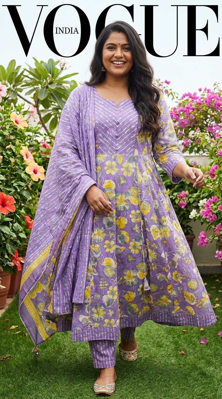 Plus Size Purple Anarkali Cotton Printed Flared Kurta Pant Set with Dupatta-210018 Secondary image