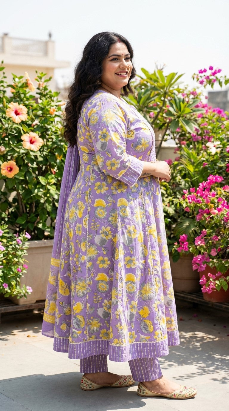 Plus Size Purple Anarkali Cotton Printed Flared Kurta Pant Set with Dupatta-210018