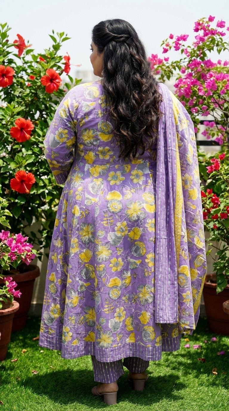 Plus Size Purple Anarkali Cotton Printed Flared Kurta Pant Set with Dupatta-210018