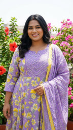 Plus Size Purple Anarkali Cotton Printed Flared Kurta Pant Set with Dupatta-210018