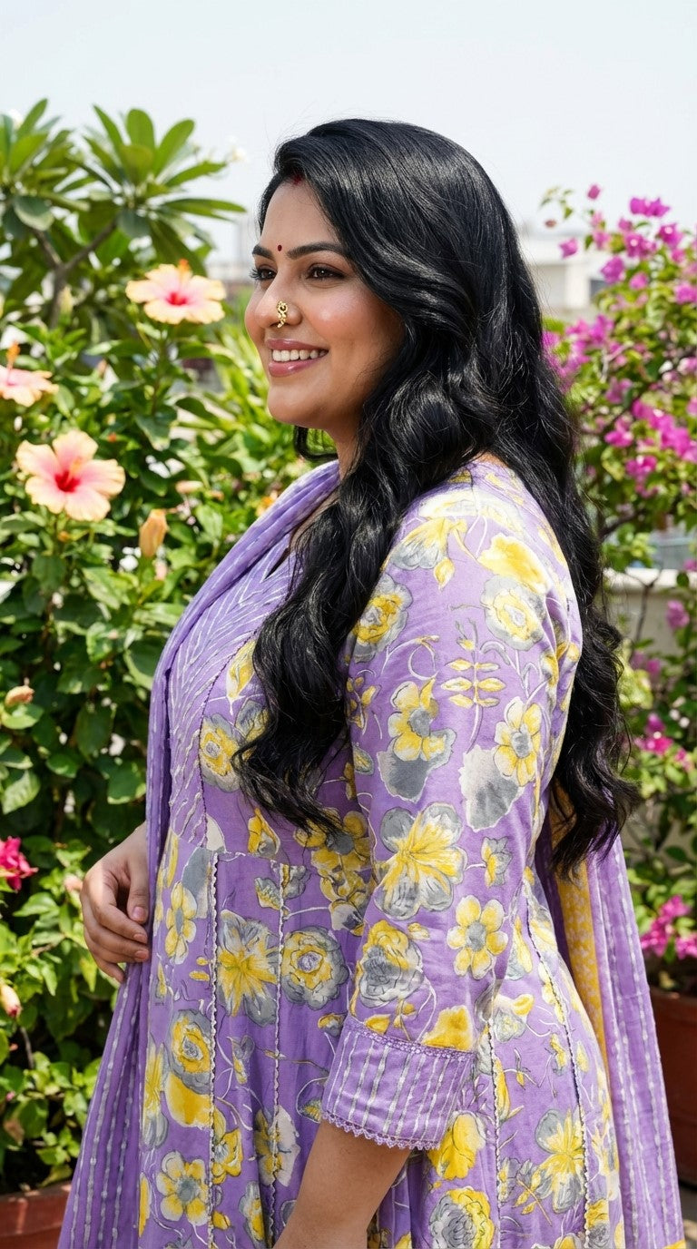 Plus Size Purple Anarkali Cotton Printed Flared Kurta Pant Set with Dupatta-210018