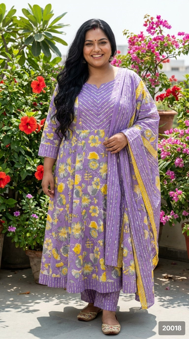 Plus Size Purple Anarkali Cotton Printed Flared Kurta Pant Set with Dupatta-210018 Main image