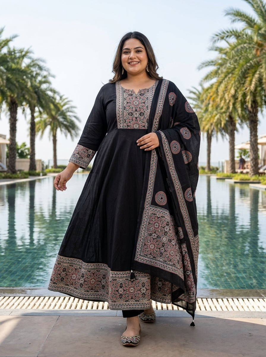 Plus Size Black Anarkali Cotton Patch Work Flared Kurta Pant Set with Dupatta-210019