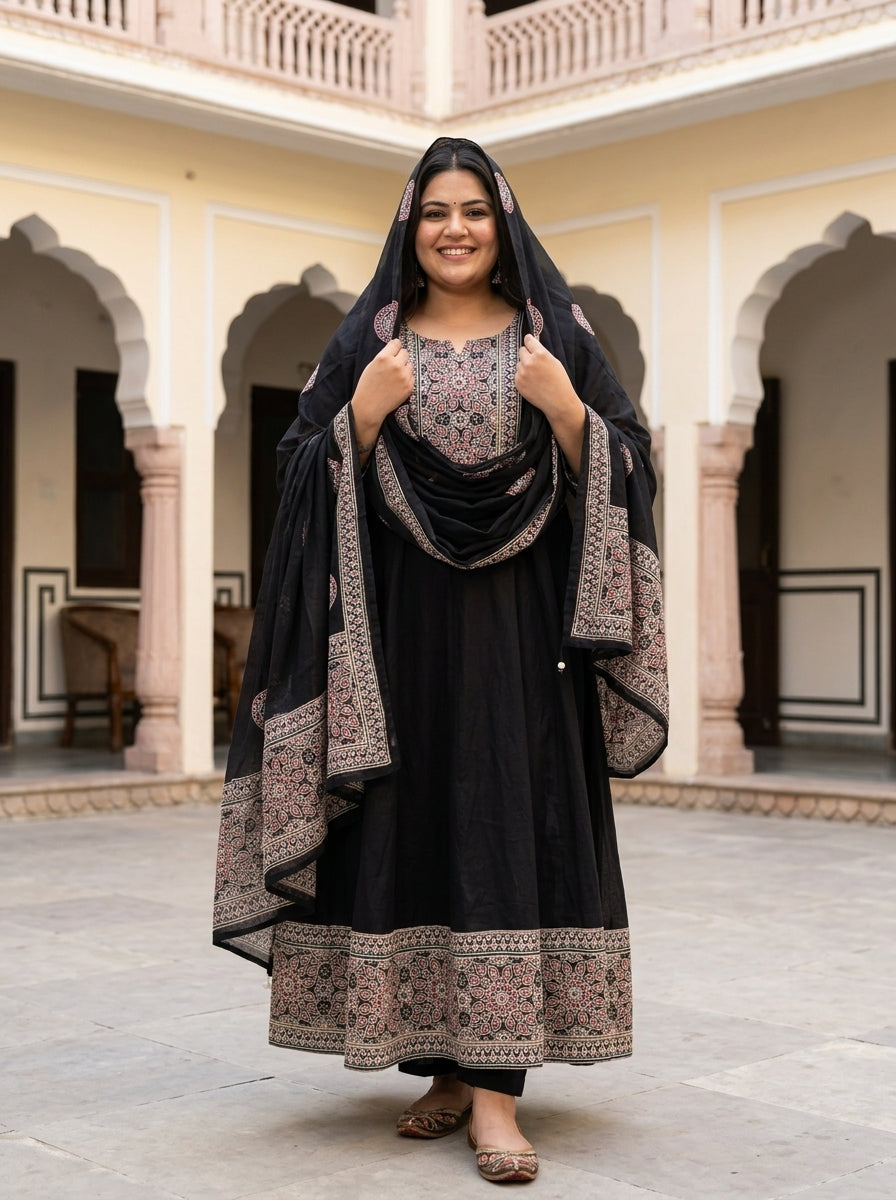 Plus Size Black Anarkali Cotton Patch Work Flared Kurta Pant Set with Dupatta-210019