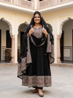 Plus Size Black Anarkali Cotton Patch Work Flared Kurta Pant Set with Dupatta-210019