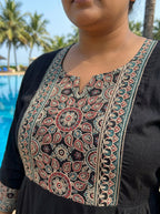 Plus Size Black Anarkali Cotton Patch Work Flared Kurta Pant Set with Dupatta-210019