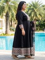 Plus Size Black Anarkali Cotton Patch Work Flared Kurta Pant Set with Dupatta-210019