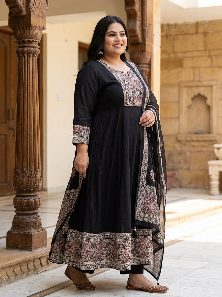 Plus Size Black Anarkali Cotton Patch Work Flared Kurta Pant Set with Dupatta-210019