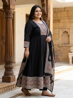 Plus Size Black Anarkali Cotton Patch Work Flared Kurta Pant Set with Dupatta-210019