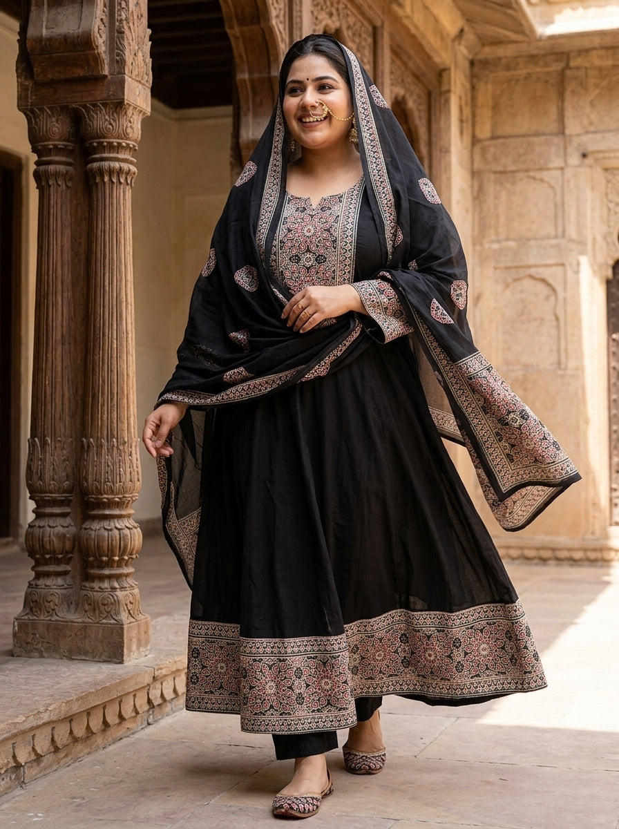 Plus Size Black Anarkali Cotton Patch Work Flared Kurta Pant Set with Dupatta-210019