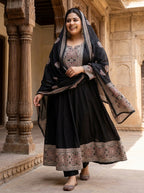 Plus Size Black Anarkali Cotton Patch Work Flared Kurta Pant Set with Dupatta-210019