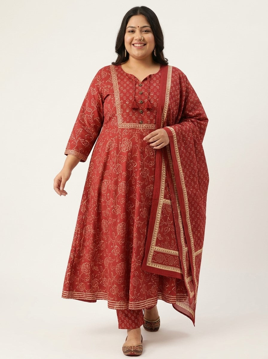 Plus Size Rust Anarkali Cotton Printed Flared Kurta Pant Set with Dupatta-210020 Main image