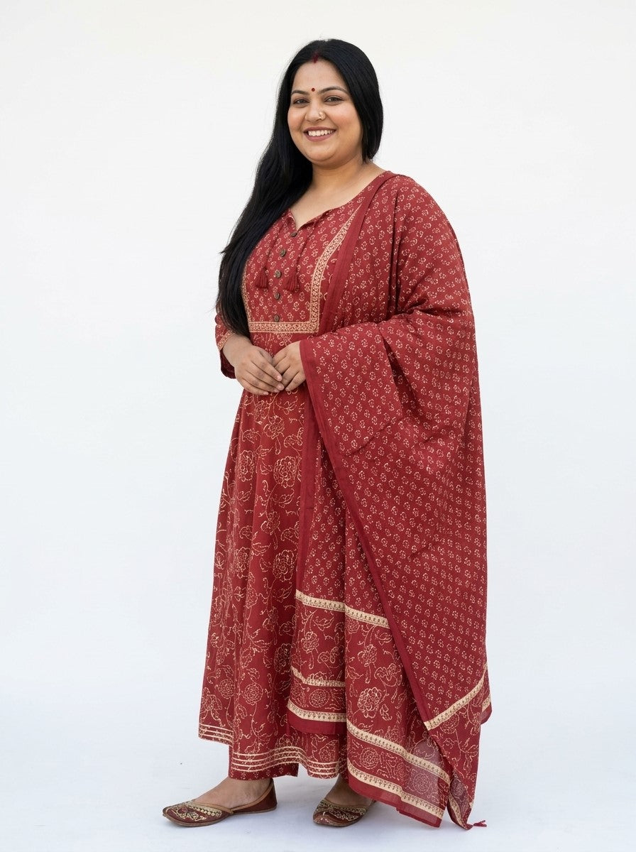 Plus Size Rust Anarkali Cotton Printed Flared Kurta Pant Set with Dupatta-210020 Secondary image