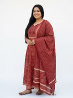 Plus Size Rust Anarkali Cotton Printed Flared Kurta Pant Set with Dupatta-210020