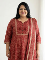 Plus Size Rust Anarkali Cotton Printed Flared Kurta Pant Set with Dupatta-210020