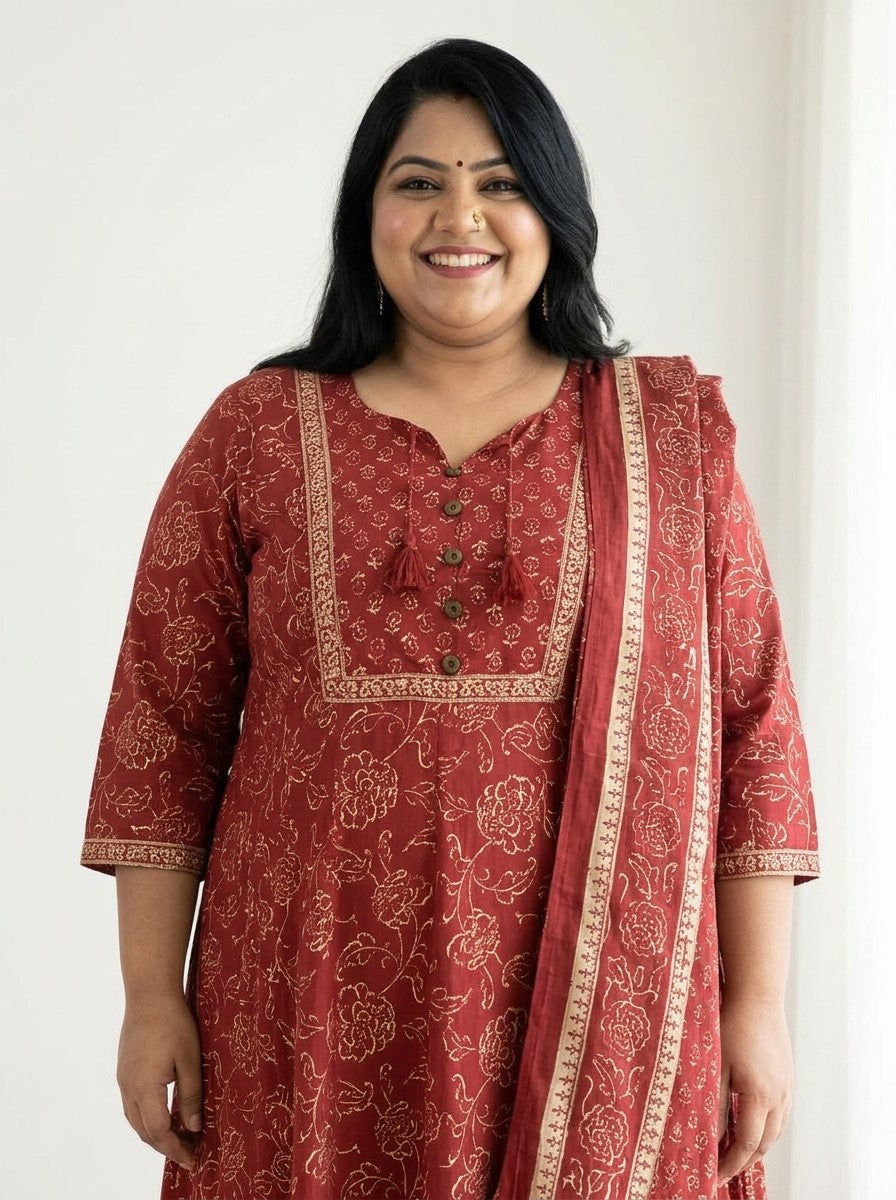 Plus Size Rust Anarkali Cotton Printed Flared Kurta Pant Set with Dupatta-210020
