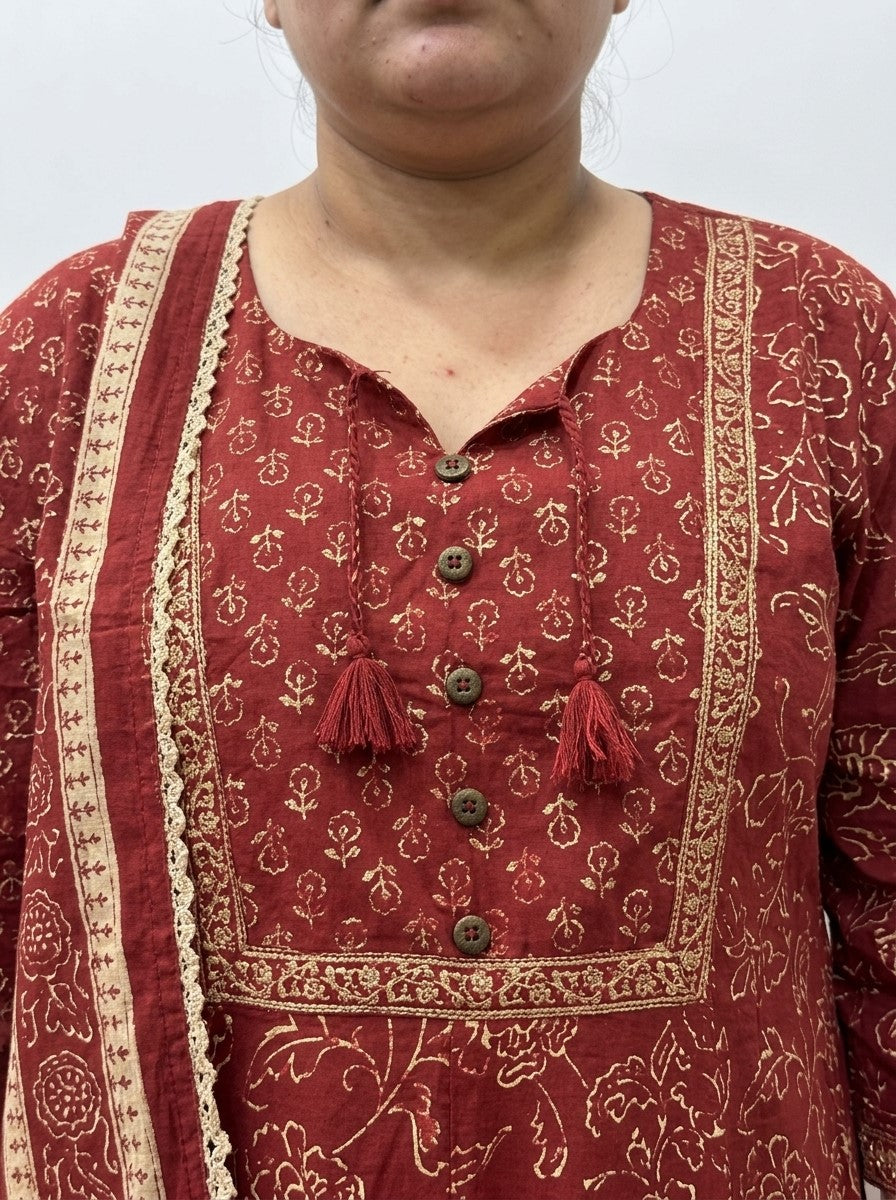 Plus Size Rust Anarkali Cotton Printed Flared Kurta Pant Set with Dupatta-210020