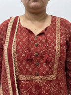 Plus Size Rust Anarkali Cotton Printed Flared Kurta Pant Set with Dupatta-210020