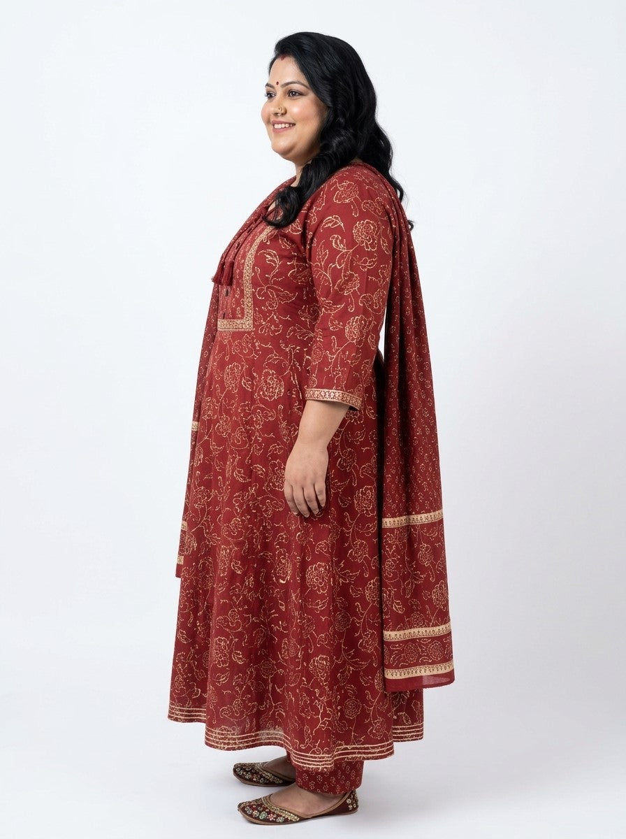 Plus Size Rust Anarkali Cotton Printed Flared Kurta Pant Set with Dupatta-210020