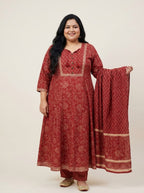 Plus Size Rust Anarkali Cotton Printed Flared Kurta Pant Set with Dupatta-210020