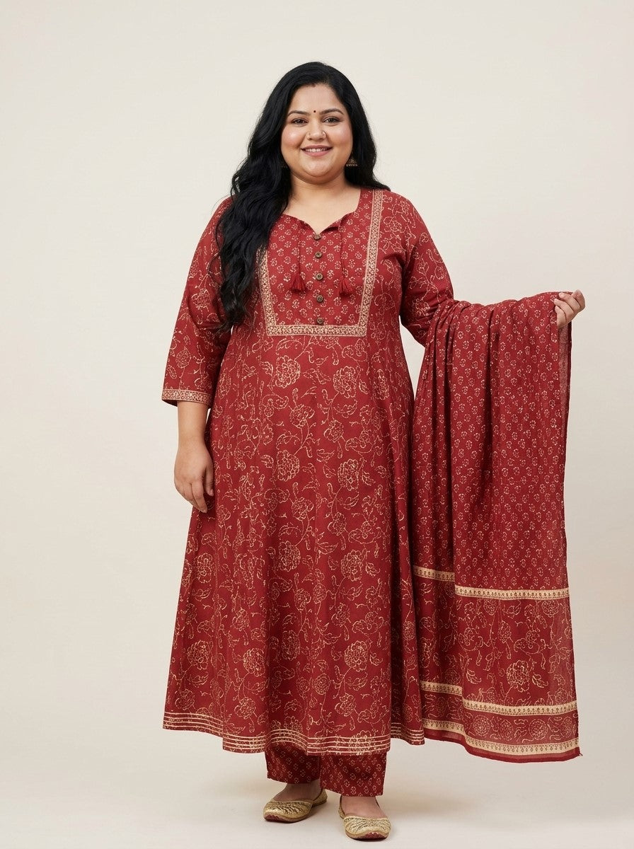 Plus Size Rust Anarkali Cotton Printed Flared Kurta Pant Set with Dupatta-210020