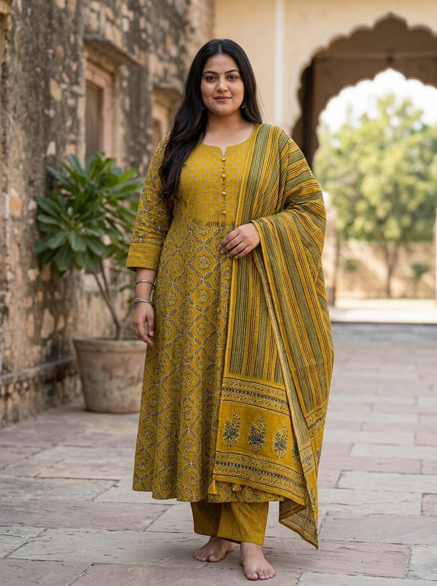 Plus Size Mustard Anarkali Cotton Printed Flared Kurta Pant Set with Dupatta-210021