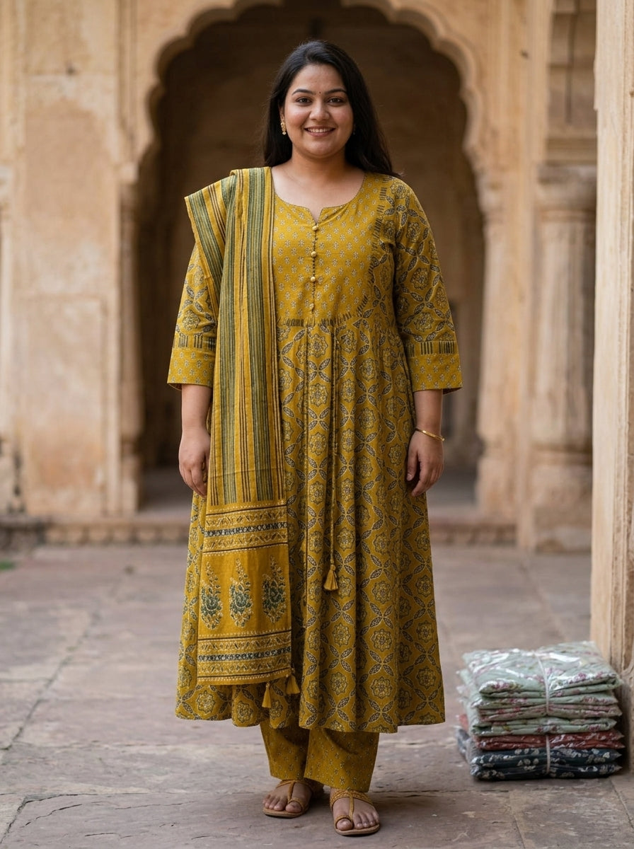 Plus Size Mustard Anarkali Cotton Printed Flared Kurta Pant Set with Dupatta-210021