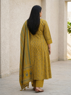 Plus Size Mustard Anarkali Cotton Printed Flared Kurta Pant Set with Dupatta-210021