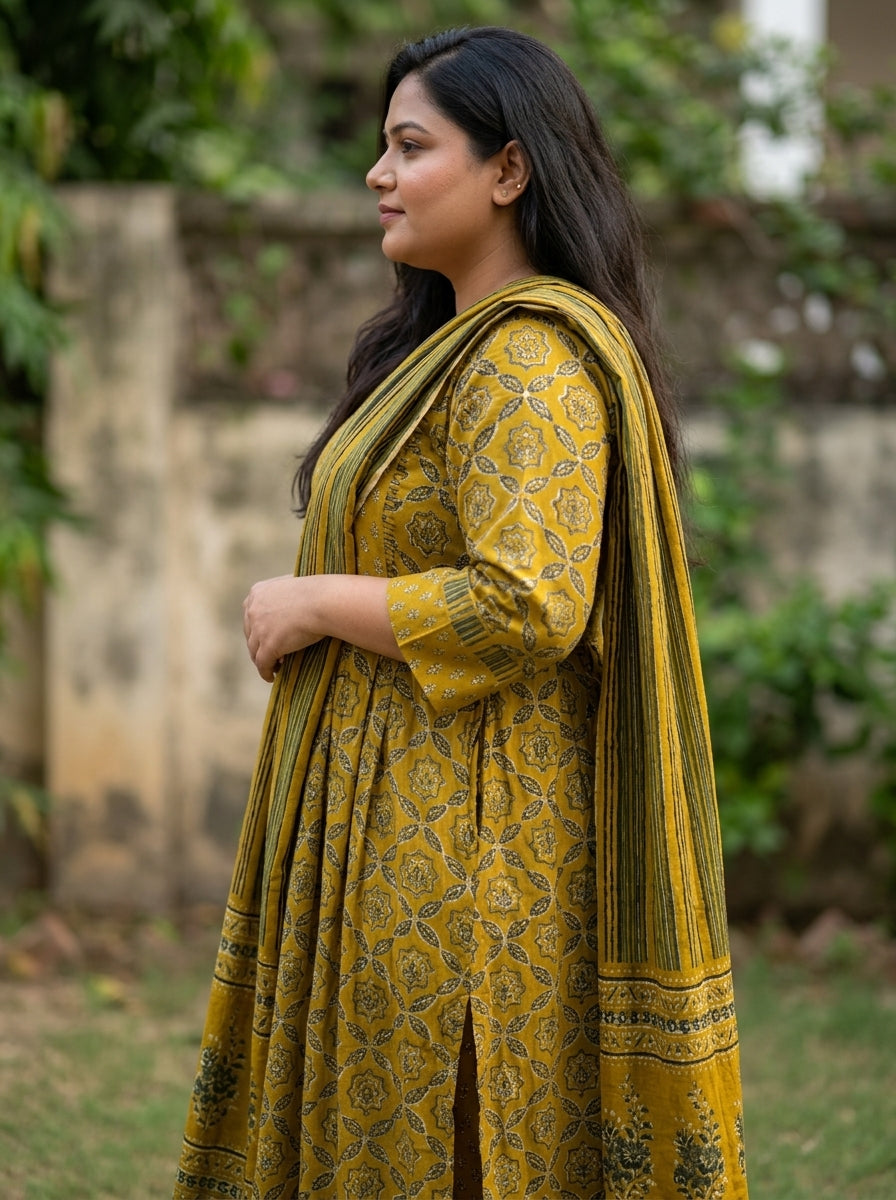 Plus Size Mustard Anarkali Cotton Printed Flared Kurta Pant Set with Dupatta-210021