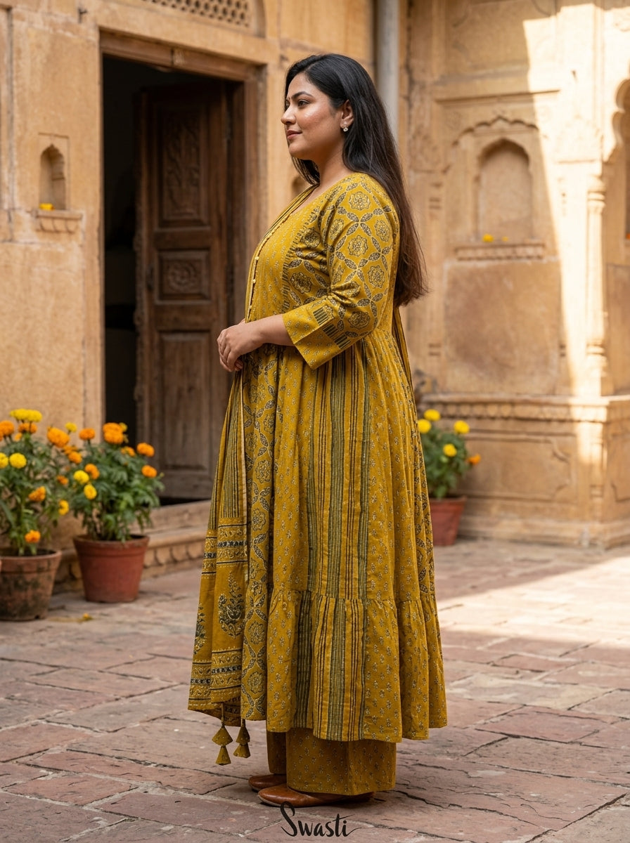 Plus Size Mustard Anarkali Cotton Printed Flared Kurta Pant Set with Dupatta-210021