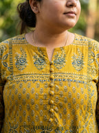 Plus Size Mustard Anarkali Cotton Printed Flared Kurta Pant Set with Dupatta-210021