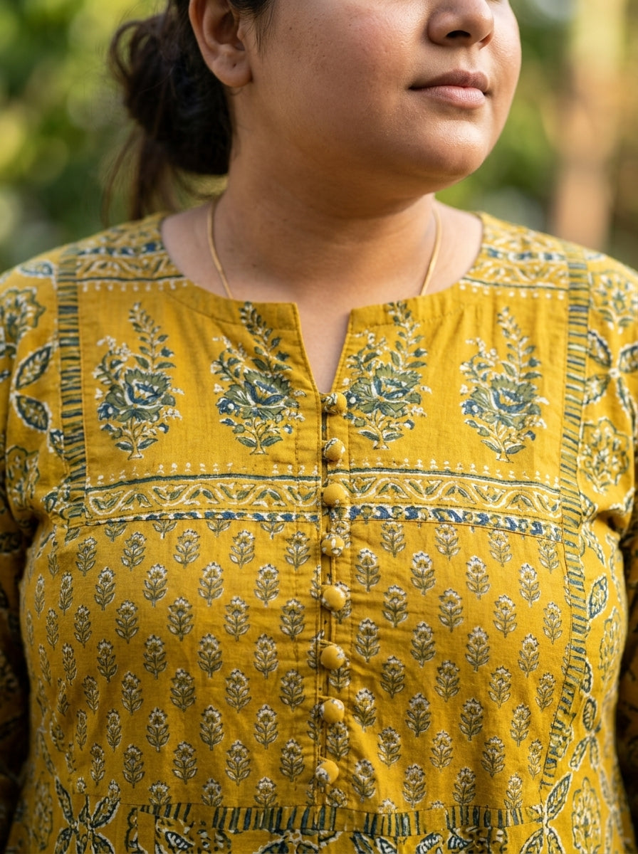 Plus Size Mustard Anarkali Cotton Printed Flared Kurta Pant Set with Dupatta-210021