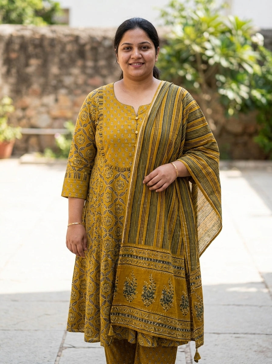 Plus Size Mustard Anarkali Cotton Printed Flared Kurta Pant Set with Dupatta-210021