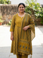Plus Size Mustard Anarkali Cotton Printed Flared Kurta Pant Set with Dupatta-210021
