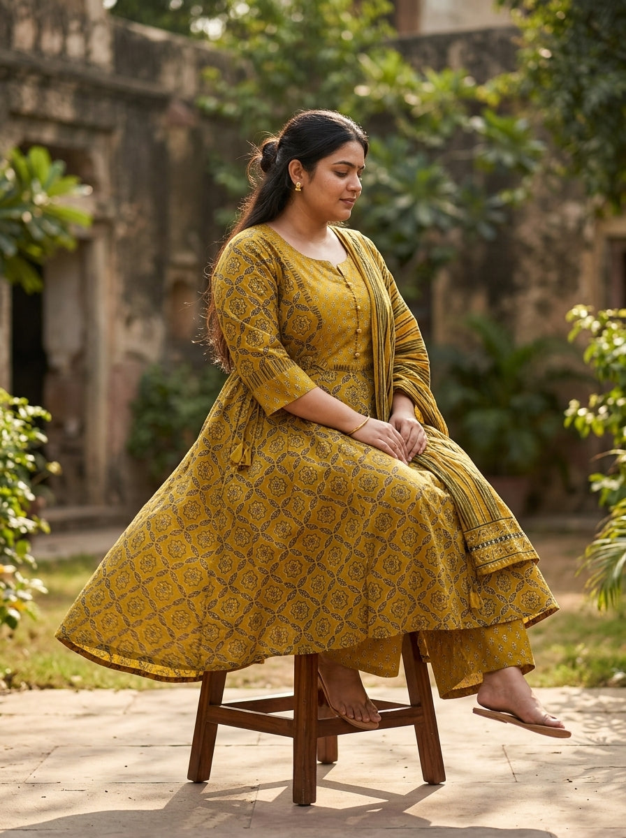 Plus Size Mustard Anarkali Cotton Printed Flared Kurta Pant Set with Dupatta-210021